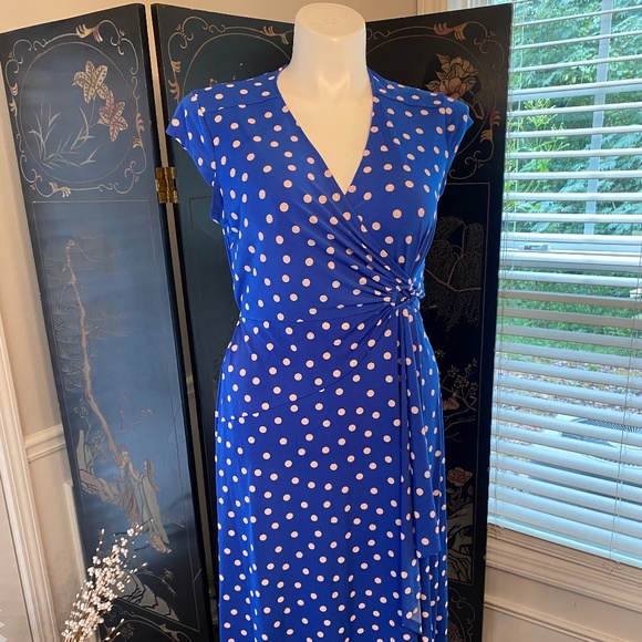 Dresses & Skirts - Blue and White Polka Dot V Neck Dress